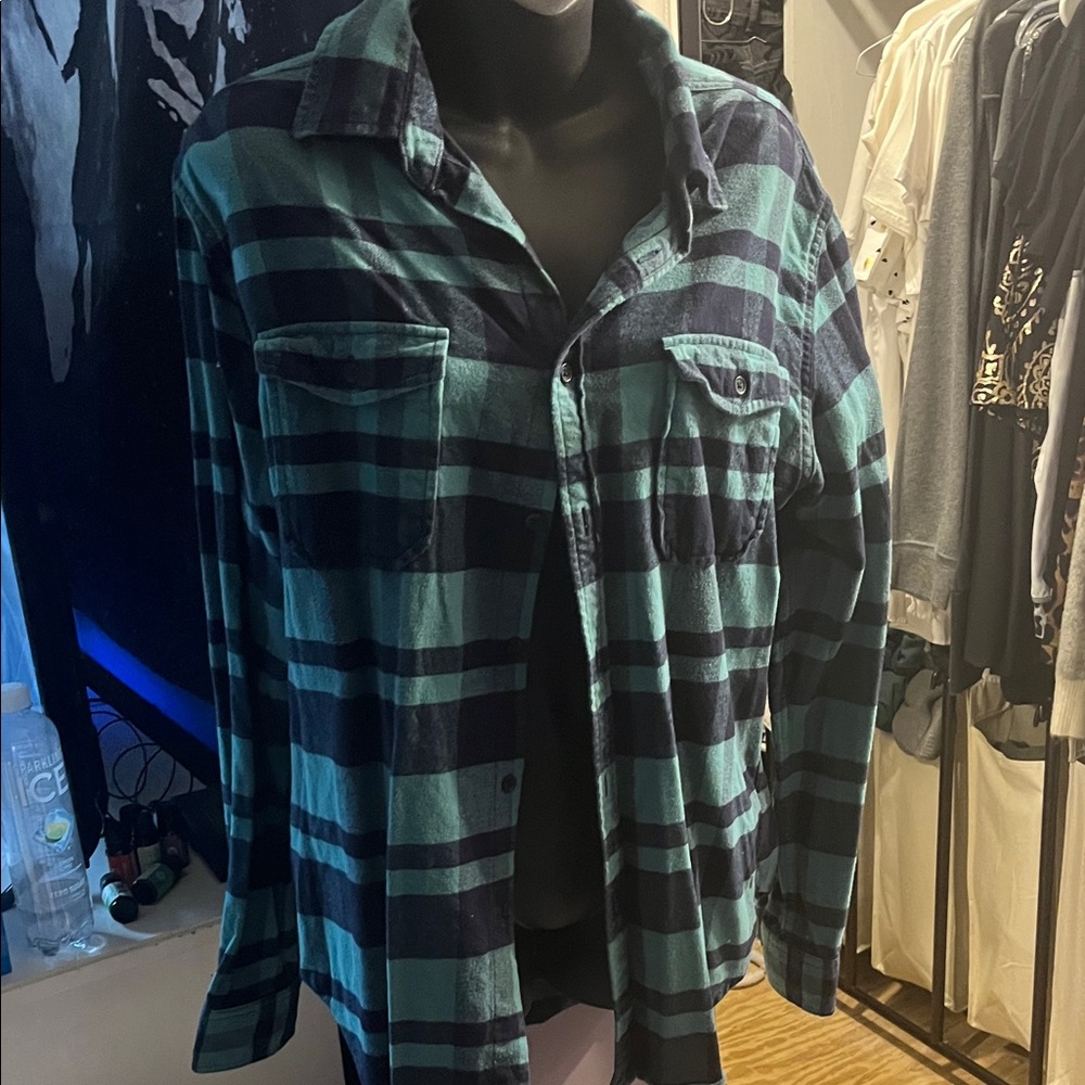 Merona Teal and Black Plaid Button Down Shirt